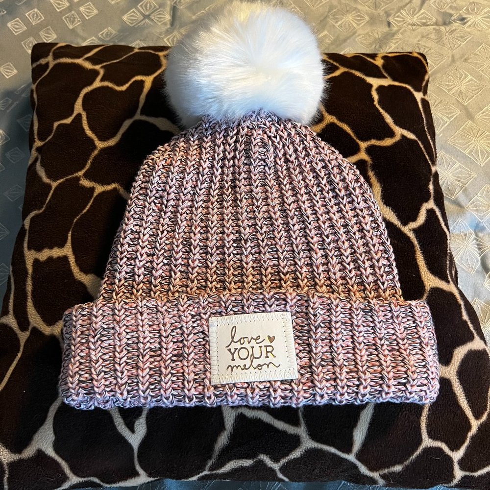 LOVE YOUR MELON hat beanie, one size pinks/whites/blacks with White POM EUC